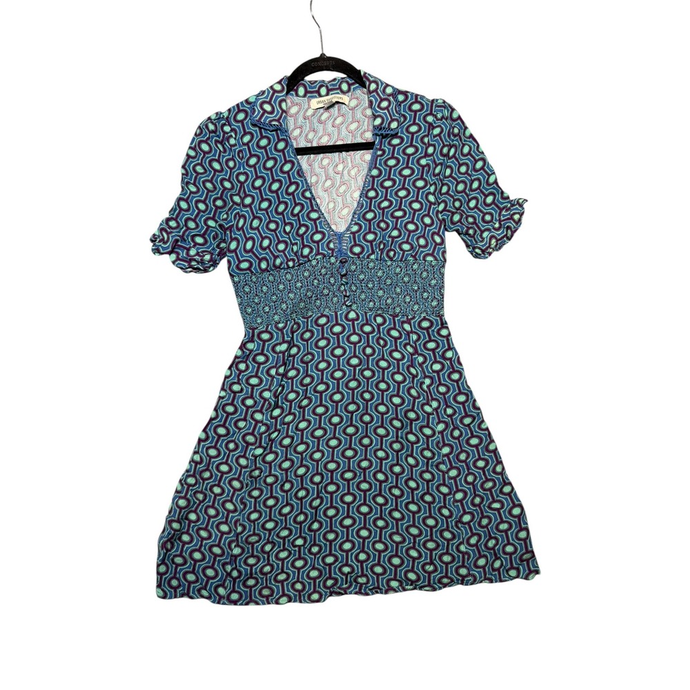 Urban Outfitters Retro Geometric Print Smocked Empire Waist Mini Dress Blue S